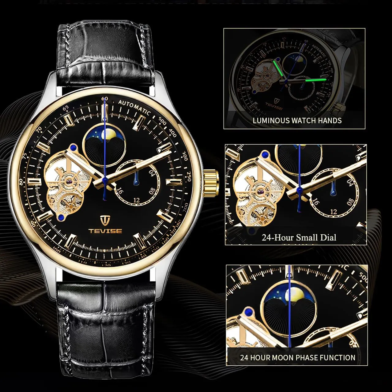 Fully Automatic Mechanical Watch Tourbillon Hollow Dial 24-Hour Moon overlook fin artisan remind Phase Window Business Waterproof Noctilucent Men's Fashion Mechanical Watch Men's 