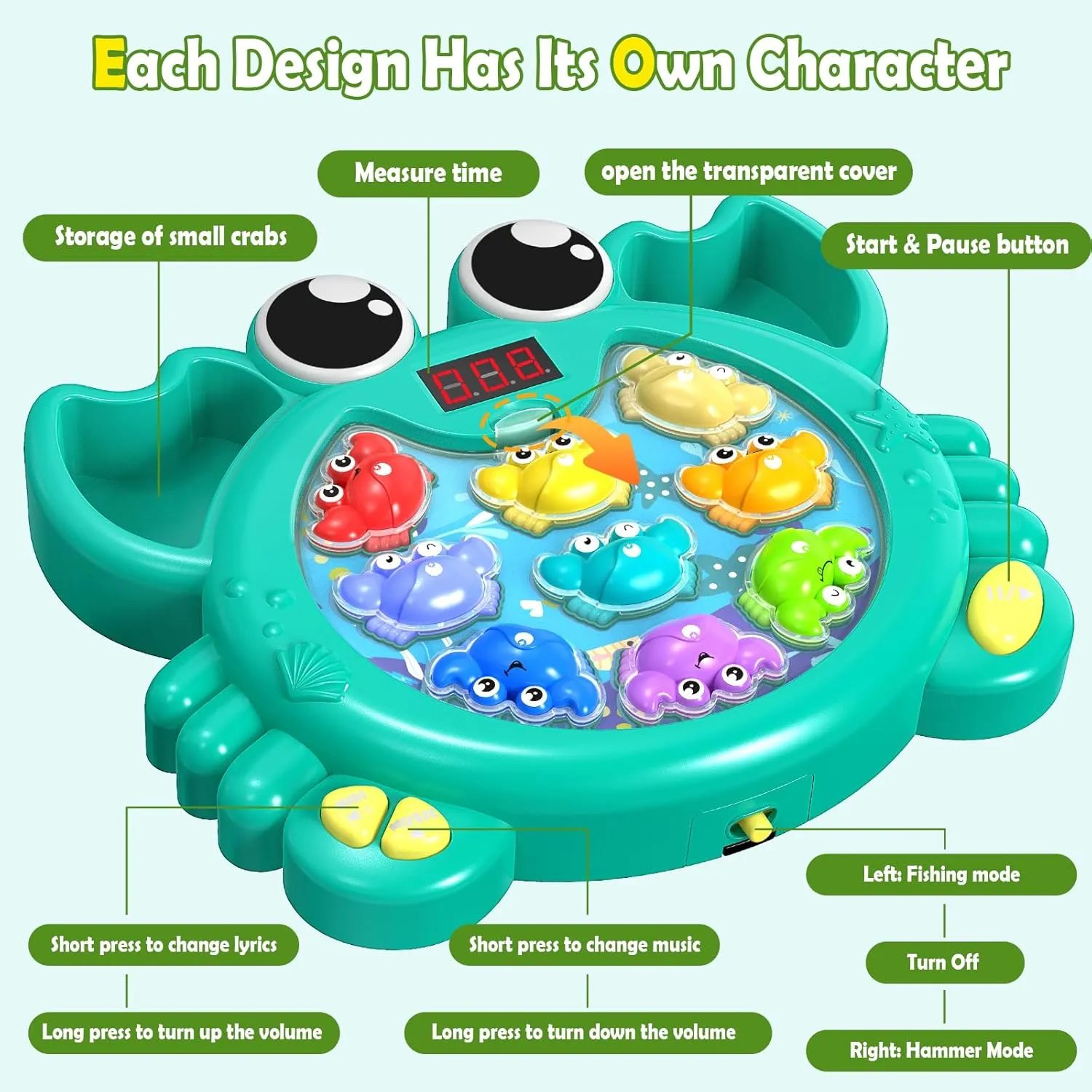 Game for Kids �C Magnetic Fishing for Kids Crab Toy with Fishing & Hammer Modes, 9 Speed Levels, 27 Challenges, Crab Musical Learning Fun Toy Gift for Toddlers Ages 2-6 Boys & Girls layout 2-in-1 Whack 