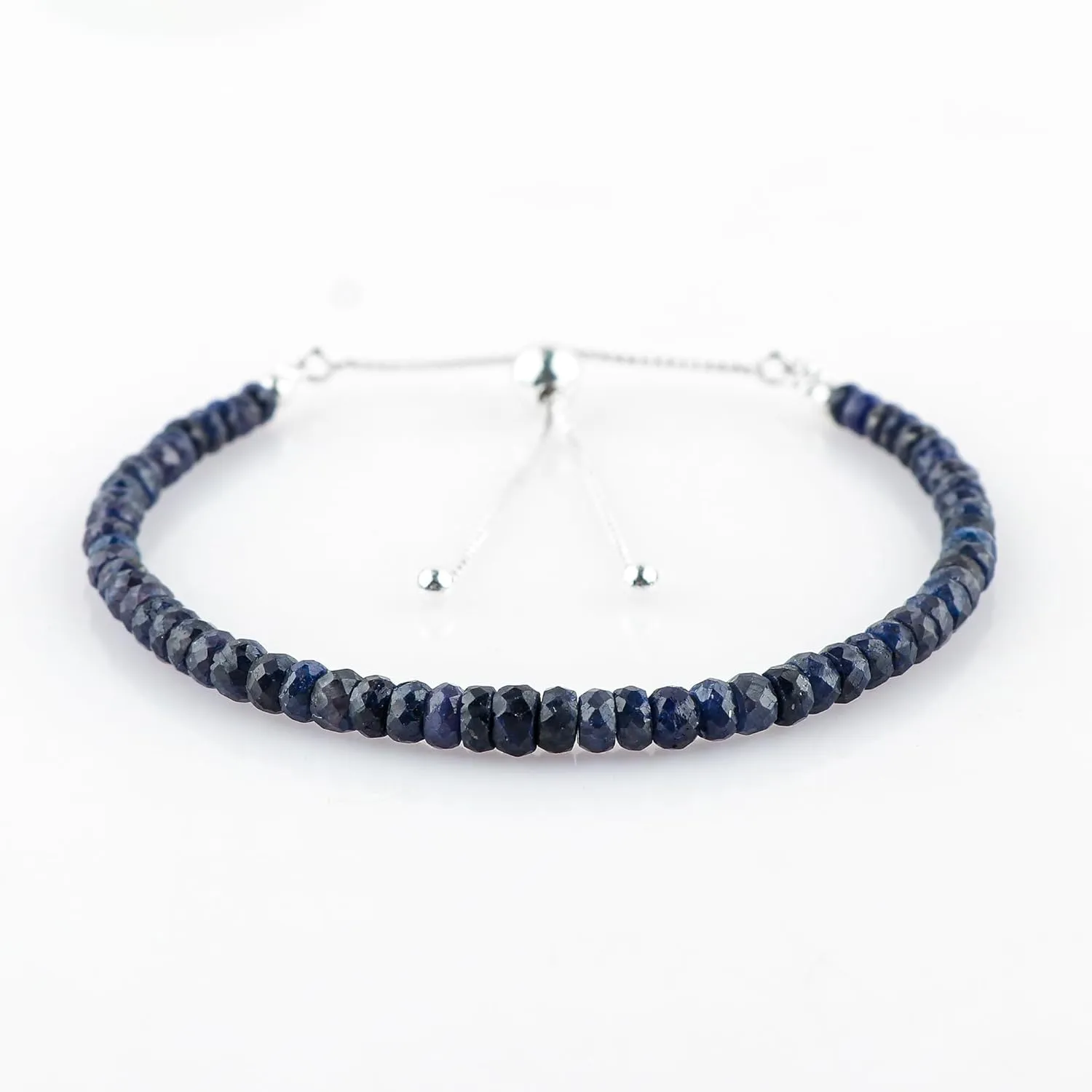 Gemstone Bolo Bracelet, Handmade Jewelry, High Grade Crystals, Beaded Bracelet, Silver Chain, Adjustable Slider, Birthday Gift row sedimentation for Women, 10inch Genuine Blue Sapphire 