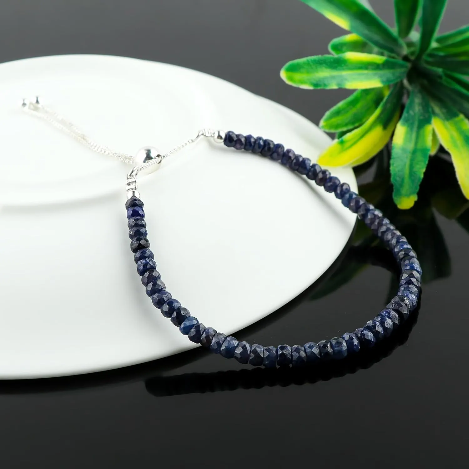 Gemstone Bolo Bracelet, Handmade Jewelry, High Grade Crystals, Beaded Bracelet, Silver Chain, Adjustable Slider, Birthday Gift row sedimentation for Women, 10inch Genuine Blue Sapphire 