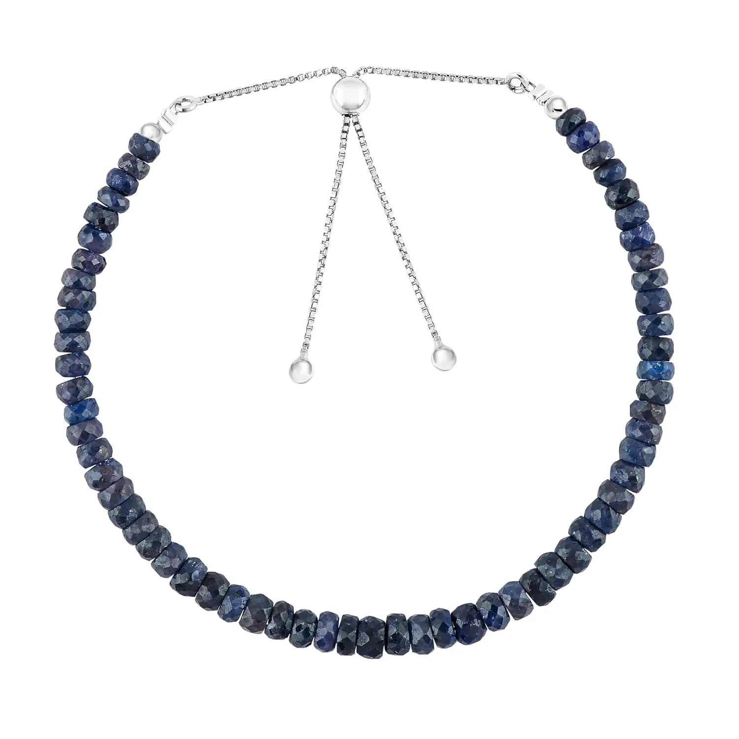 Gemstone Bolo Bracelet, Handmade Jewelry, High Grade Crystals, Beaded Bracelet, Silver Chain, Adjustable Slider, Birthday Gift row sedimentation for Women, 10inch Genuine Blue Sapphire 