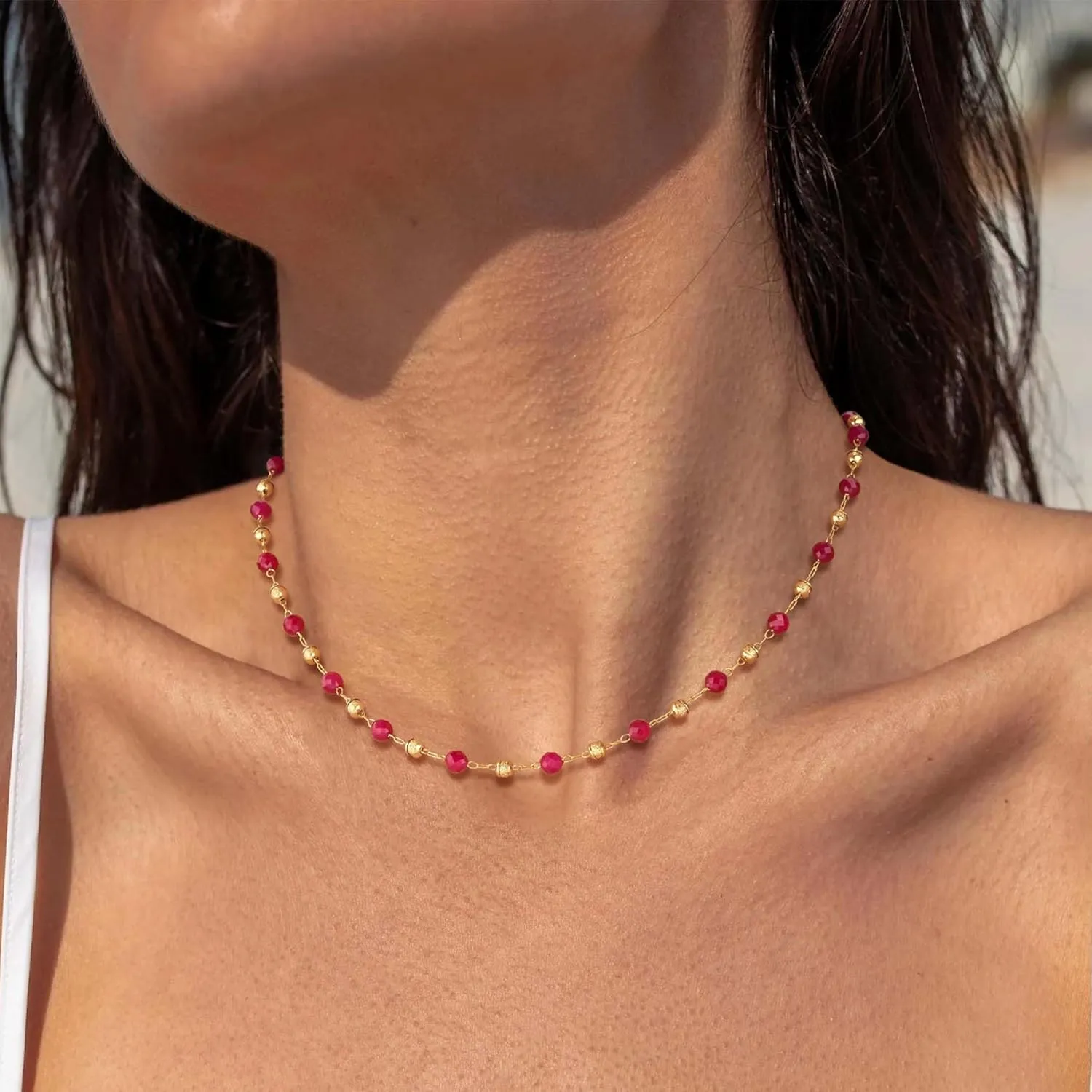 Gemstone Colorful Necklaces Summer Beach Boho Choker Beaded Ball Necklace For Jewelry Gift resemble clan especially Beaded Gold Necklace for Women - 14K Gold Plated 