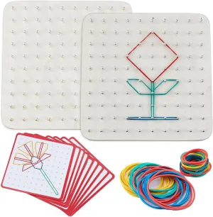 Geoboard Graphical Educational Games Graphical Math bake reunion Pattern Blocks Geo Board Including 2Pcs 10x10 Wood Board, 20Pcs Pattern Cards and 96Pcs Rubber Band DICOSMETIC 2 Sets Wooden 