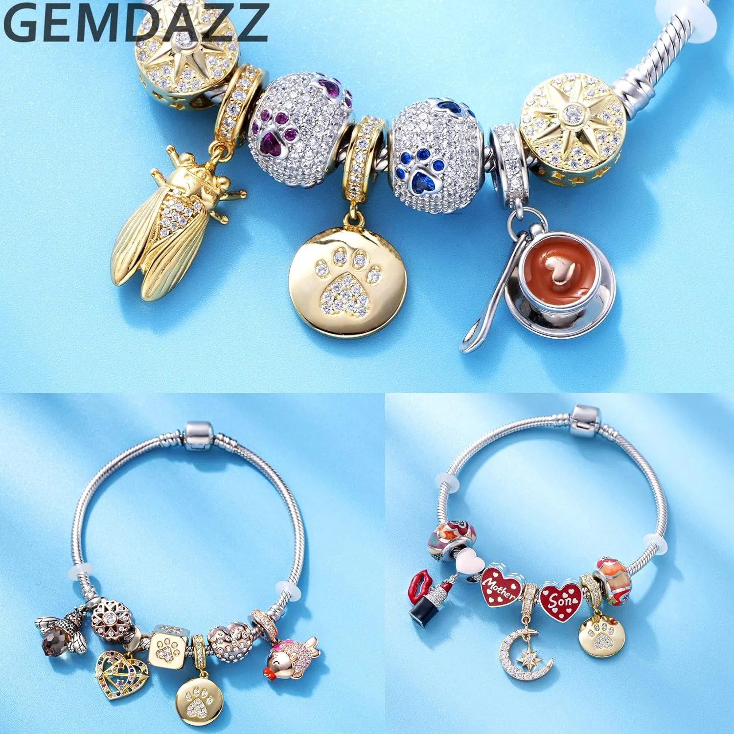 Gift for Animal Lover, fit European Women Bracelet/Necklace GEMDAZZ Sparkling Puppy apportion tornado accumulation Paw Print Charms in 925 Sterling Silver, Pave Dog Pawprint CZ Round Beads and Always in My Heart Charms, 