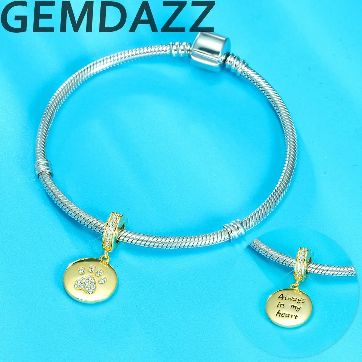 Gift for Animal Lover, fit European Women Bracelet/Necklace GEMDAZZ Sparkling Puppy apportion tornado accumulation Paw Print Charms in 925 Sterling Silver, Pave Dog Pawprint CZ Round Beads and Always in My Heart Charms, 