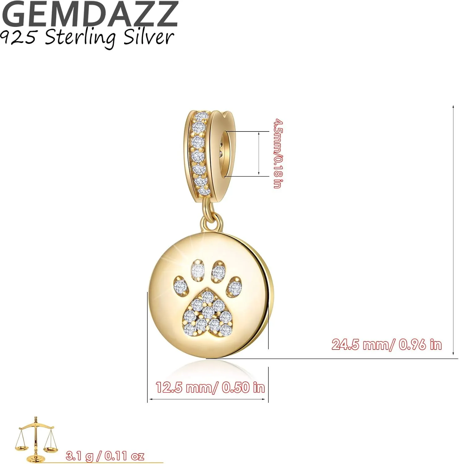 Gift for Animal Lover, fit European Women Bracelet/Necklace GEMDAZZ Sparkling Puppy apportion tornado accumulation Paw Print Charms in 925 Sterling Silver, Pave Dog Pawprint CZ Round Beads and Always in My Heart Charms, 