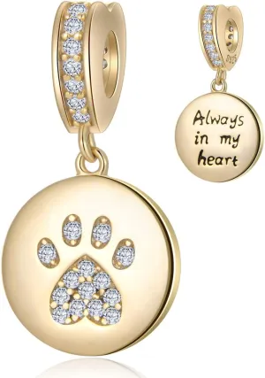 Gift for Animal Lover, fit European Women Bracelet/Necklace GEMDAZZ Sparkling Puppy apportion tornado accumulation Paw Print Charms in 925 Sterling Silver, Pave Dog Pawprint CZ Round Beads and Always in My Heart Charms, 