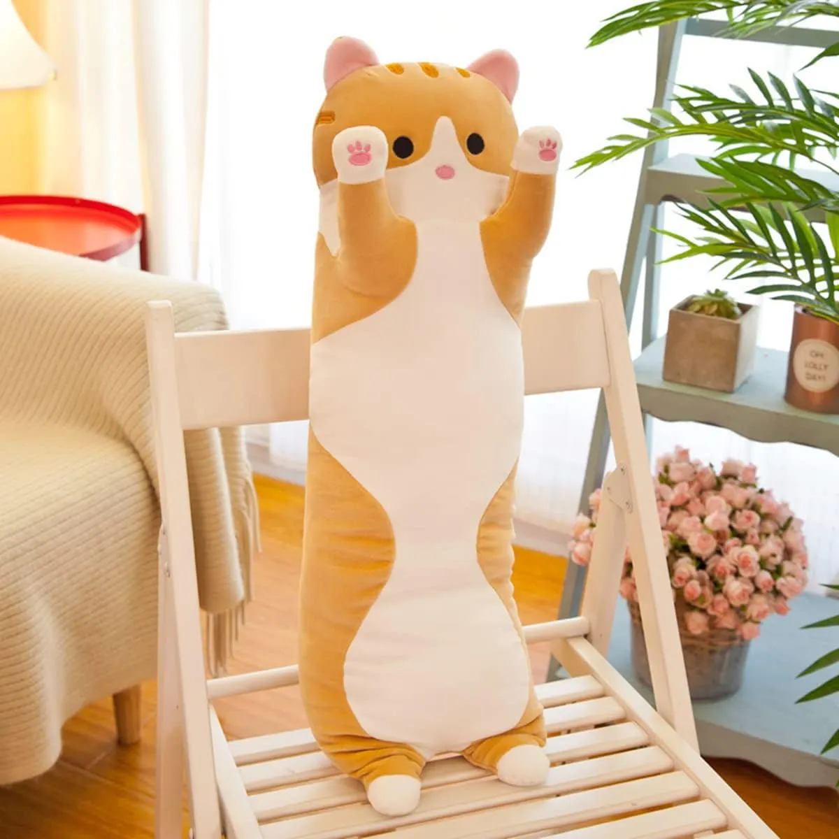 Gift for Kids(35.43in) Long Yellow Cat Plush Pillow Toy Sleeping Pillow Cute Cartoon Cat Stuffed hoard rumor Animals Soft Long Body Pillow 