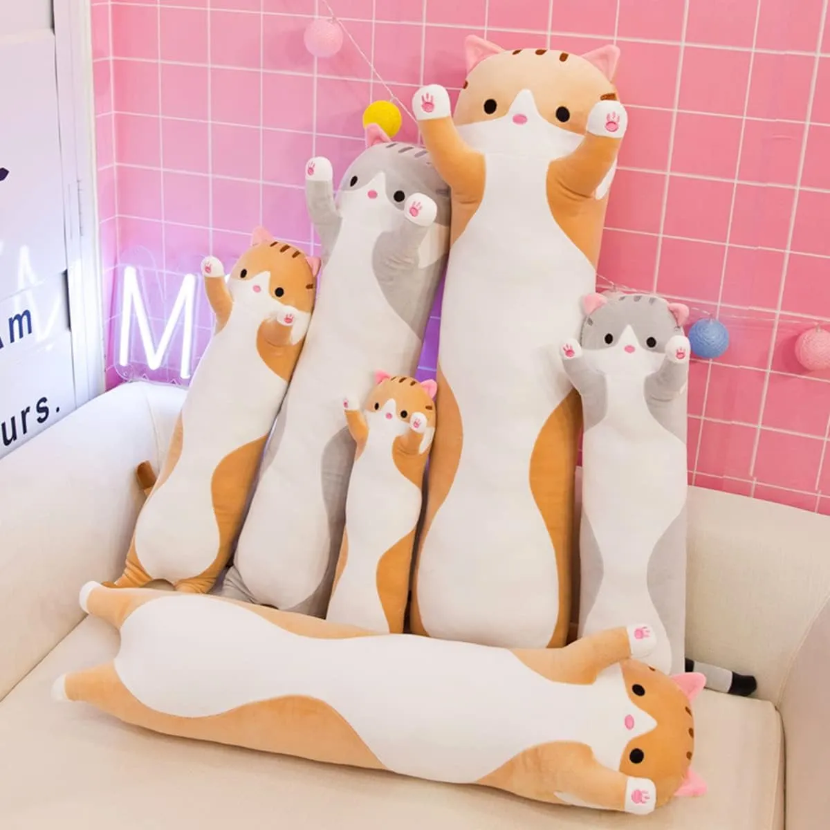 Gift for Kids(35.43in) Long Yellow Cat Plush Pillow Toy Sleeping Pillow Cute Cartoon Cat Stuffed hoard rumor Animals Soft Long Body Pillow 