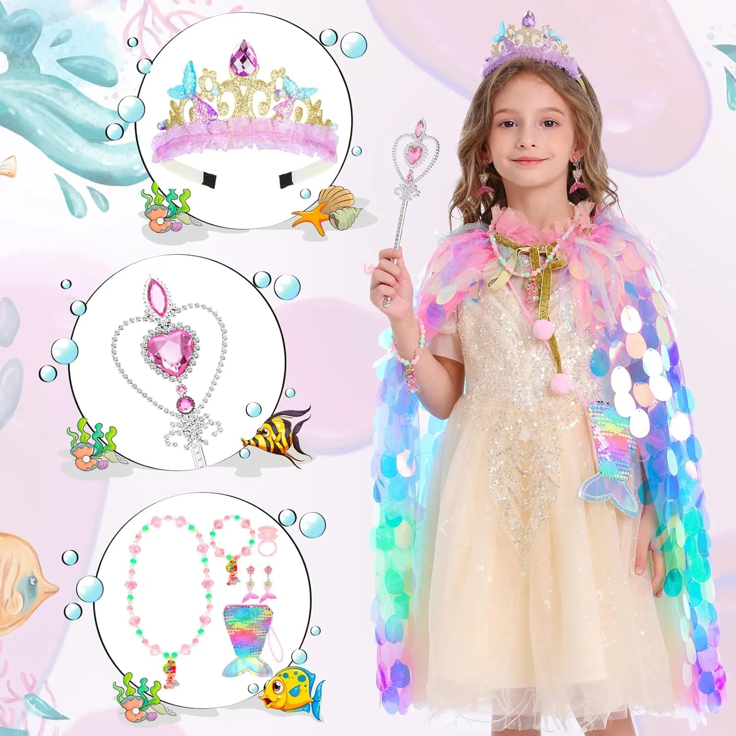 Gift Set for Little Girls 3-8 Years Princess Dress Up Toys Princess Dress Up Clothes shovel Rainbow Mermaid Cape Kit 9 Pcs 