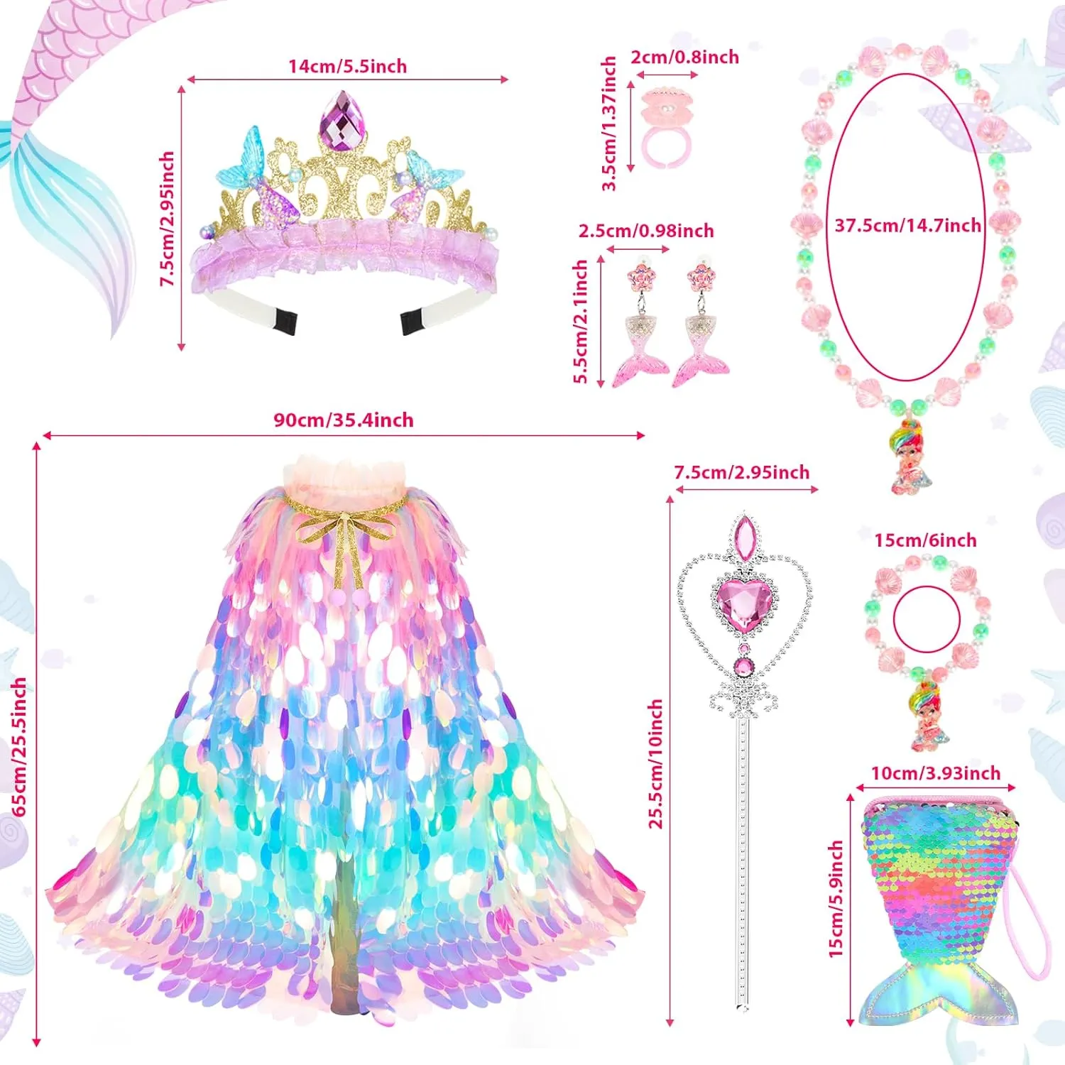 Gift Set for Little Girls 3-8 Years Princess Dress Up Toys Princess Dress Up Clothes shovel Rainbow Mermaid Cape Kit 9 Pcs 