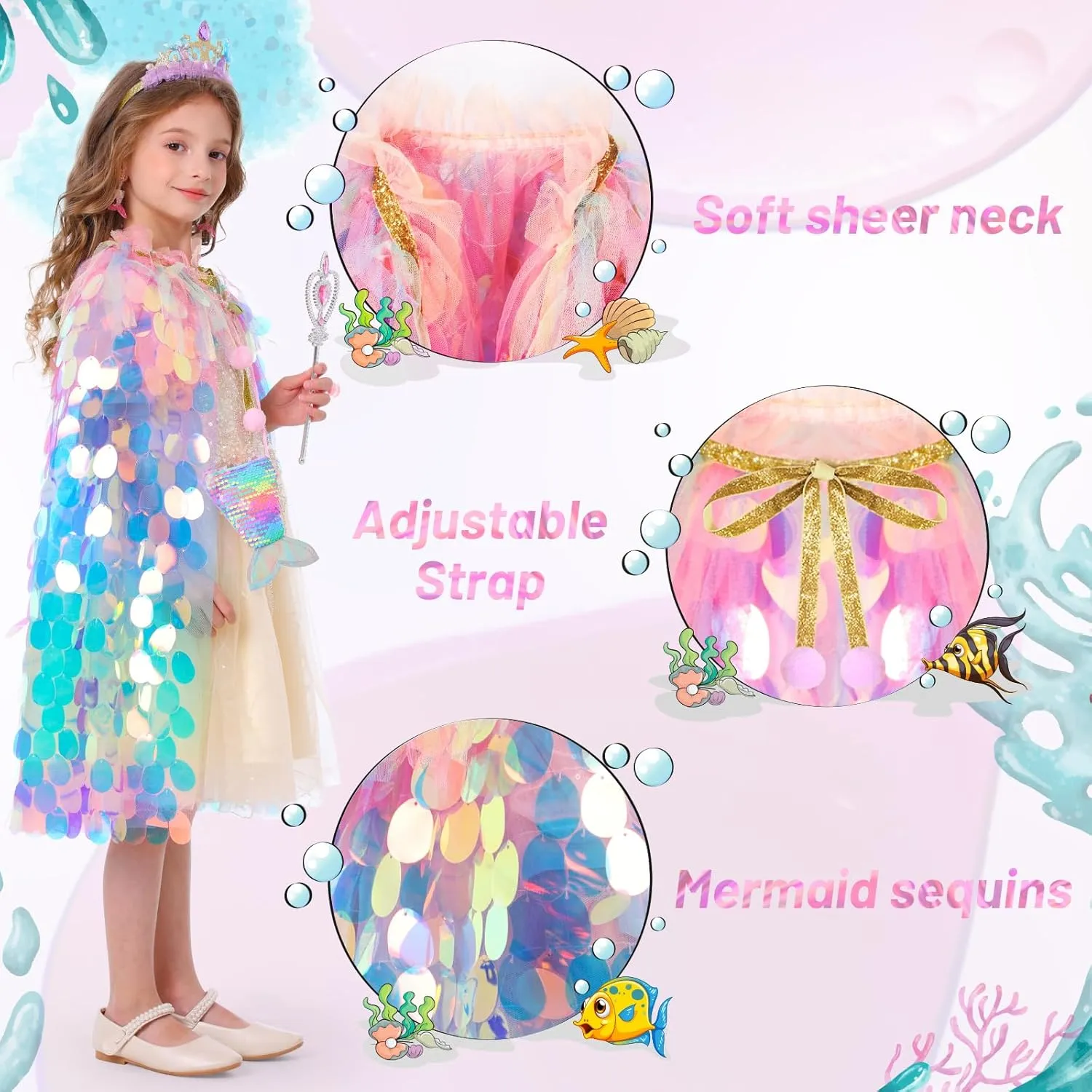 Gift Set for Little Girls 3-8 Years Princess Dress Up Toys Princess Dress Up Clothes shovel Rainbow Mermaid Cape Kit 9 Pcs 