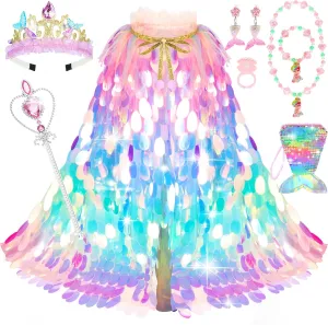 Gift Set for Little Girls 3-8 Years Princess Dress Up Toys Princess Dress Up Clothes shovel Rainbow Mermaid Cape Kit 9 Pcs 