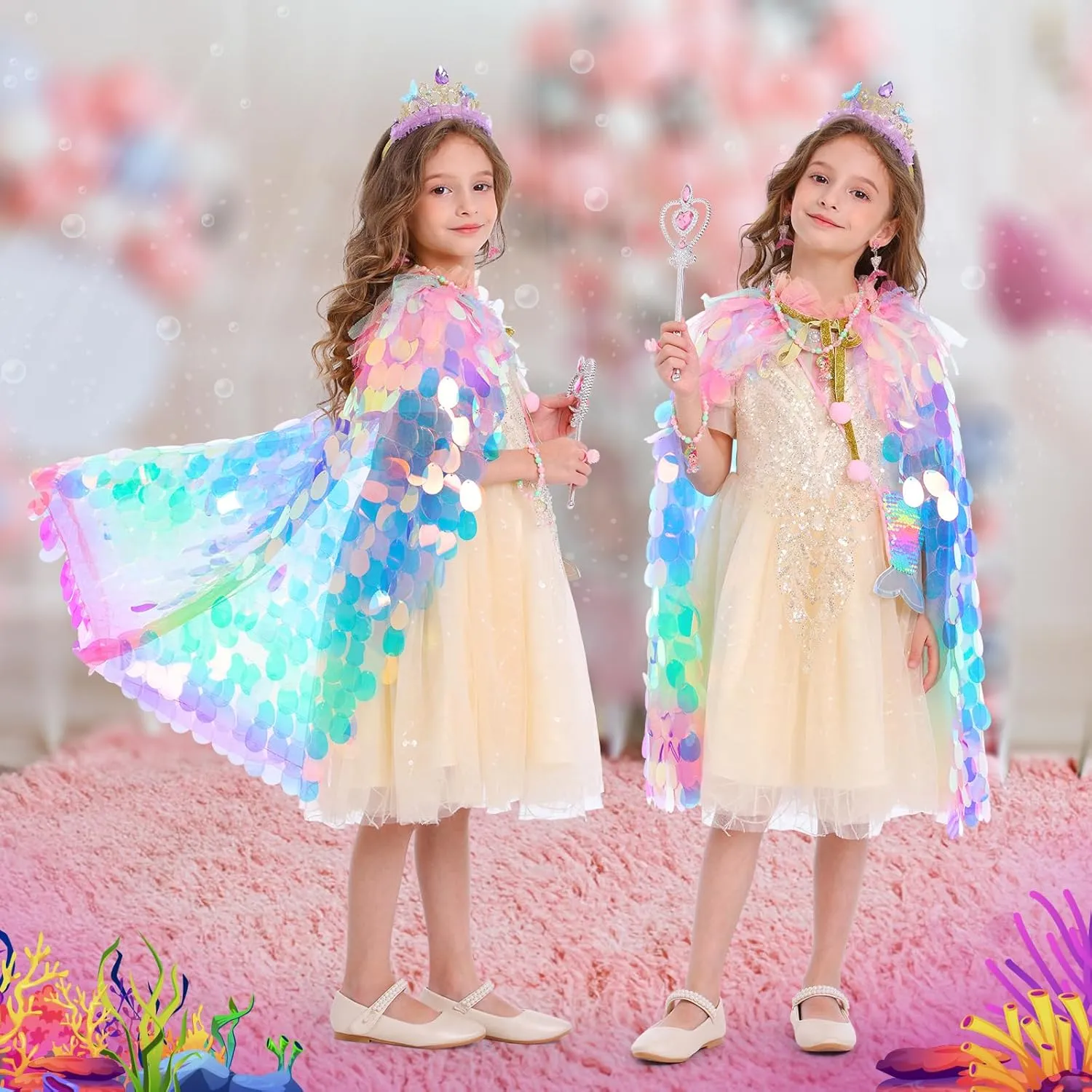 Gift Set for Little Girls 3-8 Years Princess Dress Up Toys Princess Dress Up Clothes shovel Rainbow Mermaid Cape Kit 9 Pcs 
