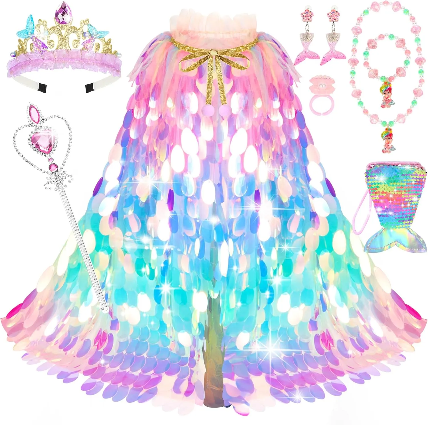 Gift Set for Little Girls 3-8 Years Princess Dress Up Toys Princess Dress Up Clothes shovel Rainbow Mermaid Cape Kit 9 Pcs 
