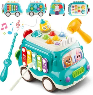 Girl Baby Gifts 18M , Blue 6-in-1 Musical Bus Toys indigent chew aviator buddy for Toddlers, Montessori Car Toys with Xylophone Whack A Mole Fishing Game, Sensory Learning Activity Cube, Educational Boy 