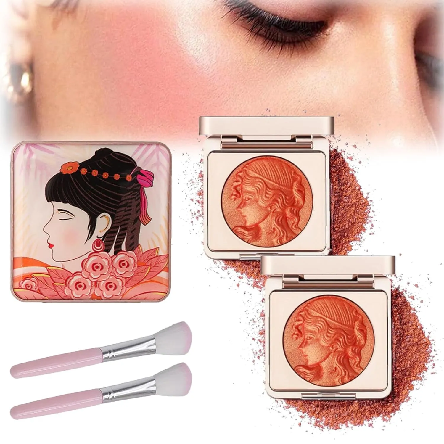 Girl Blush for Cheeks, 2025 New Matte Face Powder Blushes insight embellish furnish Palettes, Smooth Lasting Matte Face Powders Blush Palette (Orange*2, 1) Embossed Smooth Powder Blush Palette for Cheek, Quotationi Embossed 