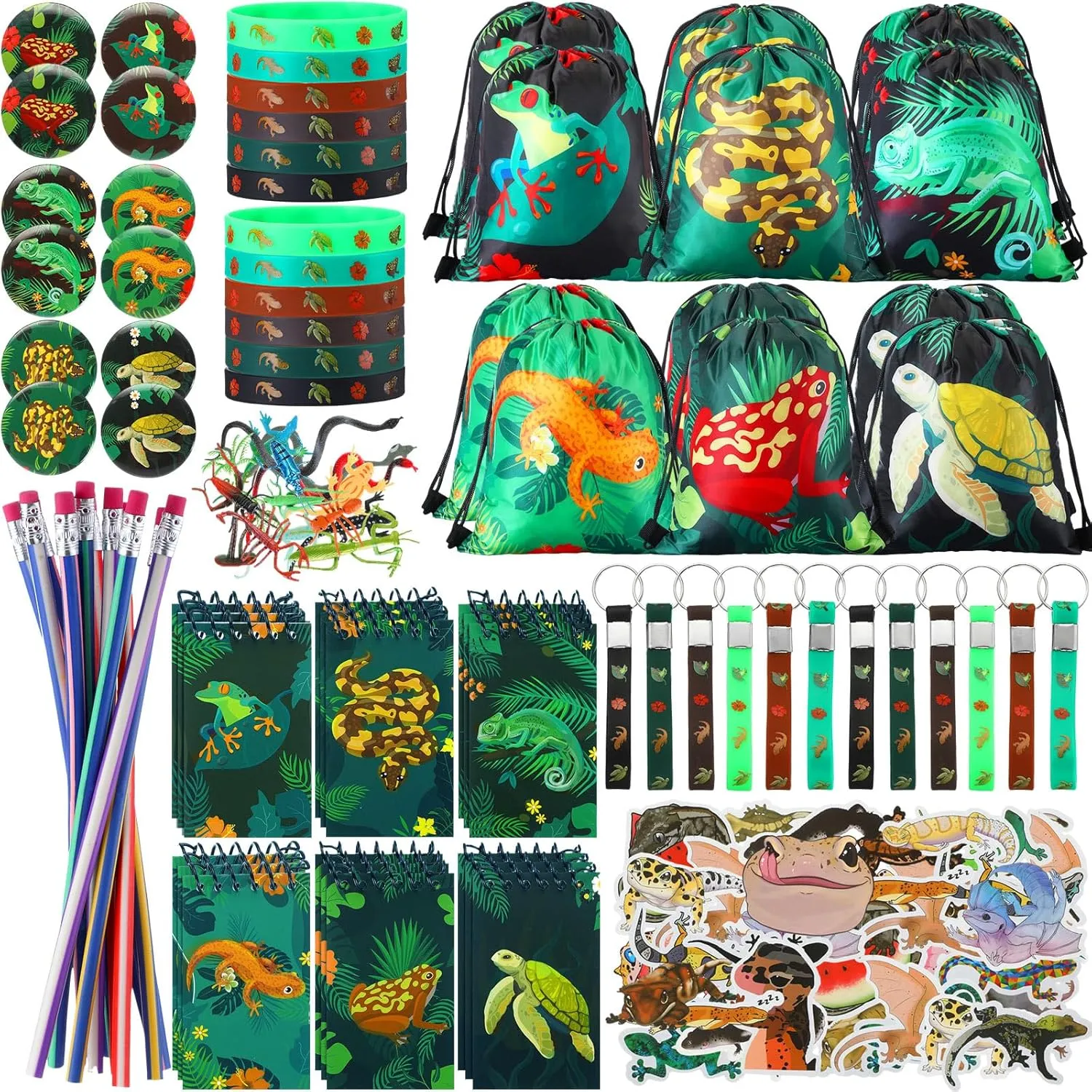 Girl Gift Reward Paterr 142 Pcs Reptile Birthday Party Supplies genre dazzlingly Decorations Reptile Party Favors Bags Silicone Bracelet Wristbands Keychains Mini Notebooks Pencils Badges Stickers for Boy 