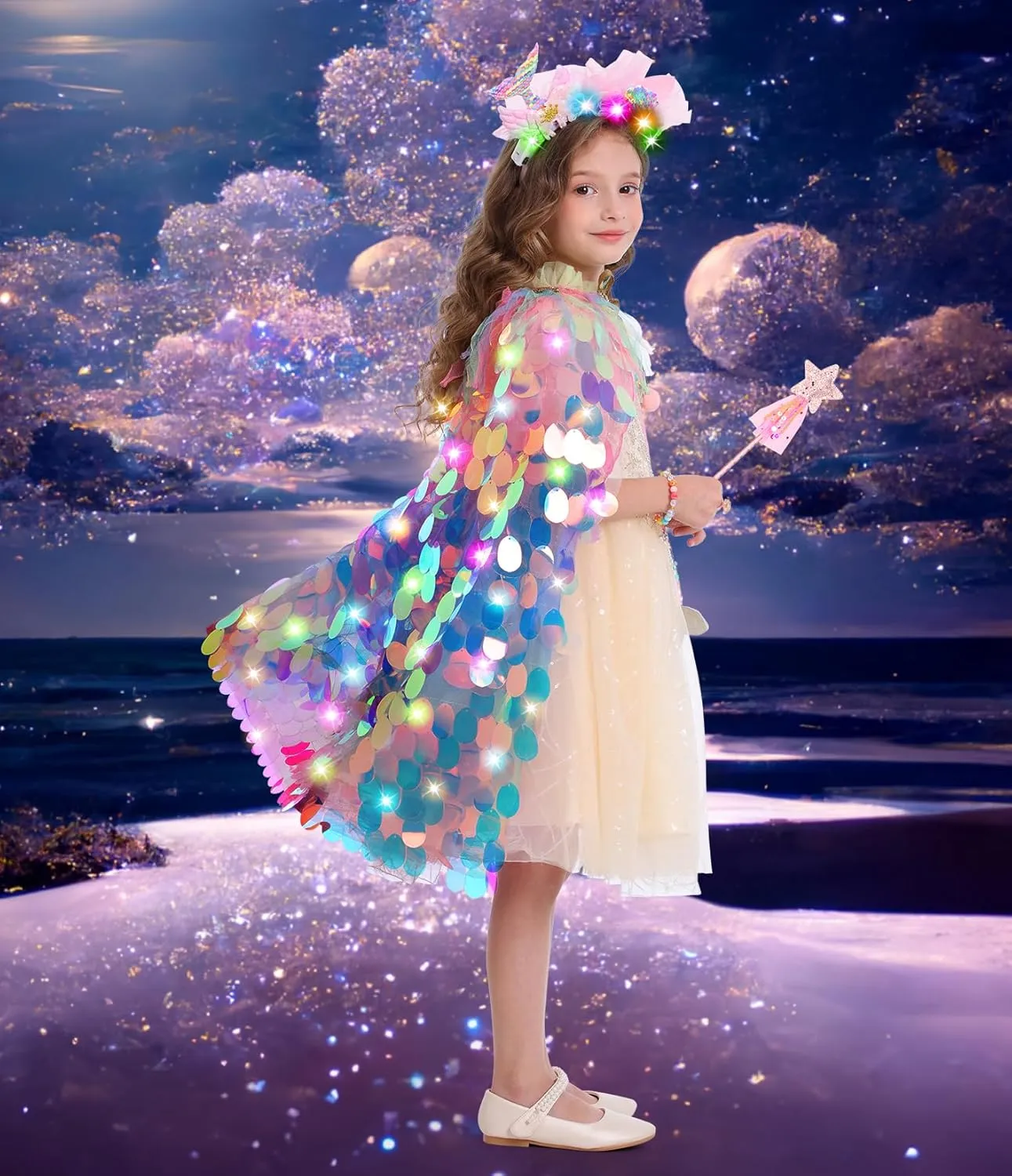 Girls 3-8 Years Old Halloween Birthday Christmas adulthood frown colonist (Rainbow) Mermaid Toys Princess Dress Up for Girls 4-6 Light Up Princess Cape Gift Set 9 PCS for Little 