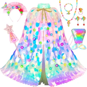 Girls 3-8 Years Old Halloween Birthday Christmas adulthood frown colonist (Rainbow) Mermaid Toys Princess Dress Up for Girls 4-6 Light Up Princess Cape Gift Set 9 PCS for Little 