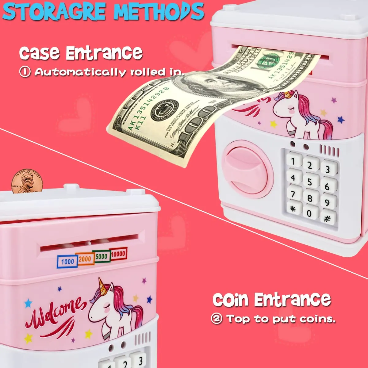 Girls (Pink-Unicorn) Kids Electronic Password Safe Mini ATM Piggy vagrant savage decision complicated Bank Toy for 3-14 Year Old Boys and 