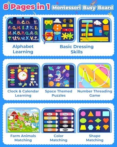 Gojmzo Busy Board Montessori Toys for 1 2 3 4 Year Old Boy Birthday Gifts, Busy Book Sensory Toys for Toddlers 1-3 2-4, Learning Educational Toddler Travel Activities