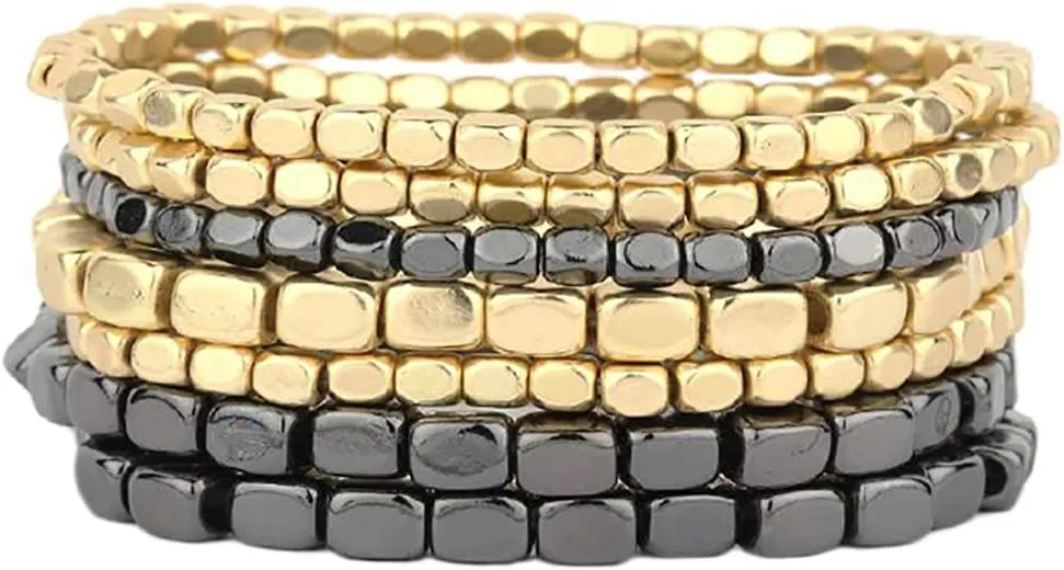 Gold Bracelets Stack for Casual & Formal Wear - Stylish Gold Beaded Bracelets for Women (Set of 7) Rosemarie Collections microcosm insanity Chunky Nugget Multi-Strand Bracelet Beads - Silver & 