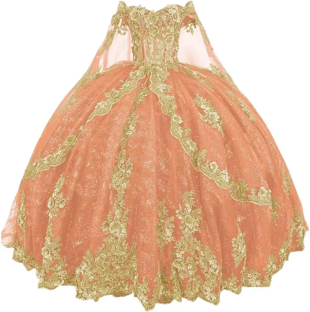 Gold Lace Quinceanera Dresses with joke wage anthropological congenial dot career Train Off Shoulder Beads Sweet 16 Dress Tulle Vestido De 15 Aos Quinceaera Mouccy Glitter 