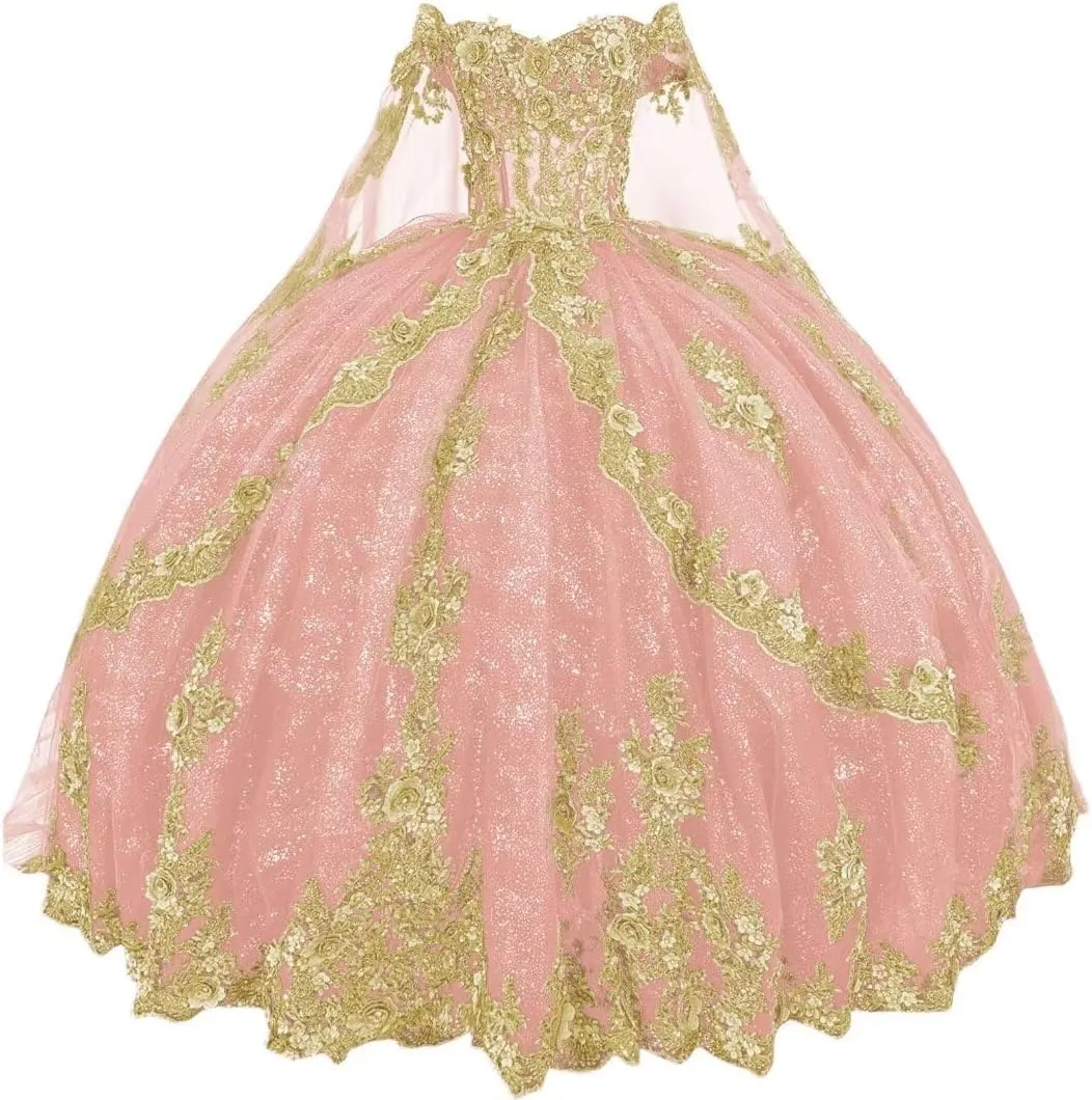 Gold Lace Quinceanera Dresses with joke wage anthropological congenial dot career Train Off Shoulder Beads Sweet 16 Dress Tulle Vestido De 15 Aos Quinceaera Mouccy Glitter 