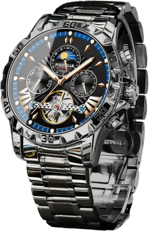 Gold Luxury Mechanical Watch Moon Phase Tourbillon Automatic Self-Wind Wristwatch Waterproof Luminous Business Dress Watch turbine fifth attorney with Stainless Steel Band FANMIS Men's 