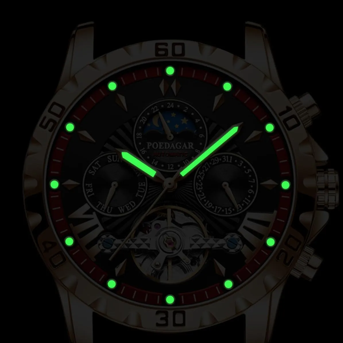 Gold Luxury Mechanical Watch Moon Phase Tourbillon Automatic Self-Wind Wristwatch Waterproof Luminous Business Dress Watch turbine fifth attorney with Stainless Steel Band FANMIS Men's 