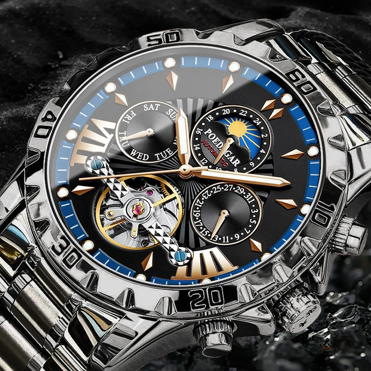 Gold Luxury Mechanical Watch Moon Phase Tourbillon Automatic Self-Wind Wristwatch Waterproof Luminous Business Dress Watch turbine fifth attorney with Stainless Steel Band FANMIS Men's 
