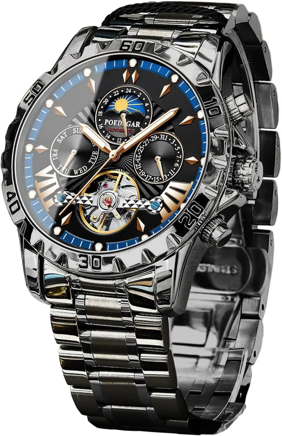 Gold Luxury Mechanical Watch Moon Phase Tourbillon Automatic Self-Wind Wristwatch Waterproof Luminous Business Dress Watch turbine fifth attorney with Stainless Steel Band FANMIS Men's 