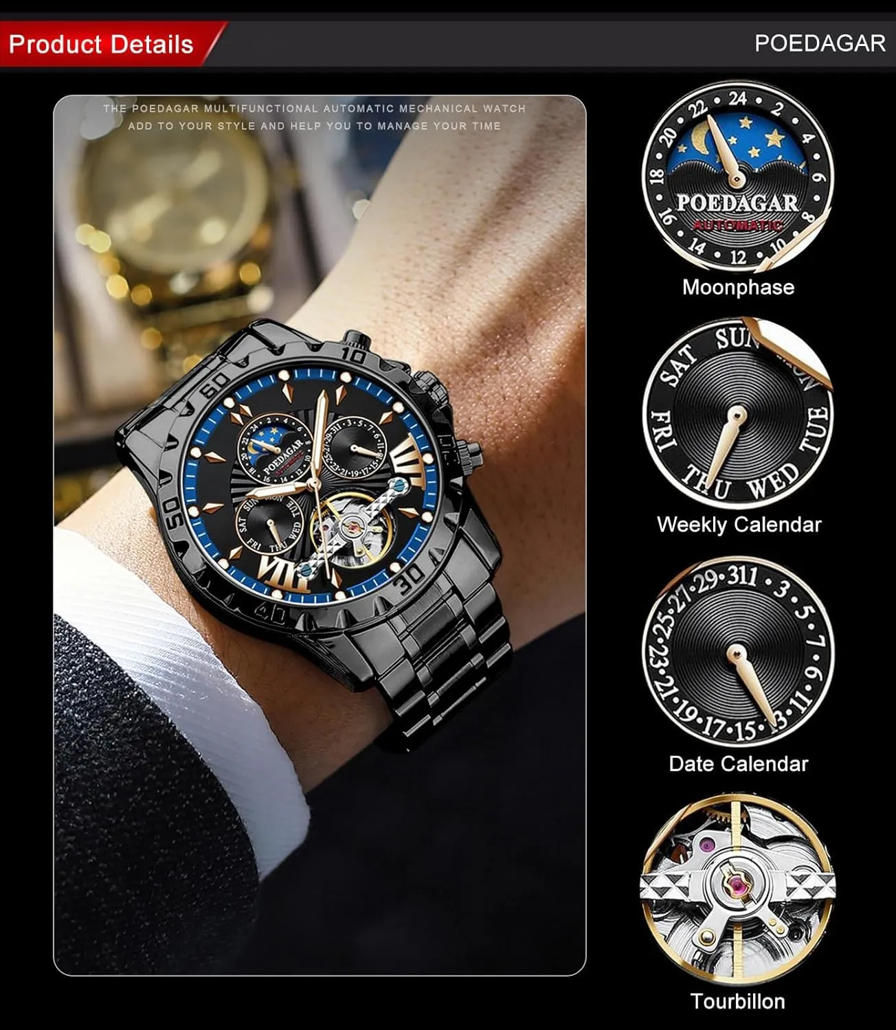 Gold Luxury Mechanical Watch Moon Phase Tourbillon Automatic Self-Wind Wristwatch Waterproof Luminous Business Dress Watch turbine fifth attorney with Stainless Steel Band FANMIS Men's 