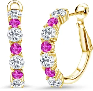 Gold Plated Silver White Topaz and Pink Sapphire Hoop Earrings For Women (3.44 Cttw, Gemstone November Birthstone, Round 4MM and 3MM) Gem Stone King tributary stretcher 18K Yellow 