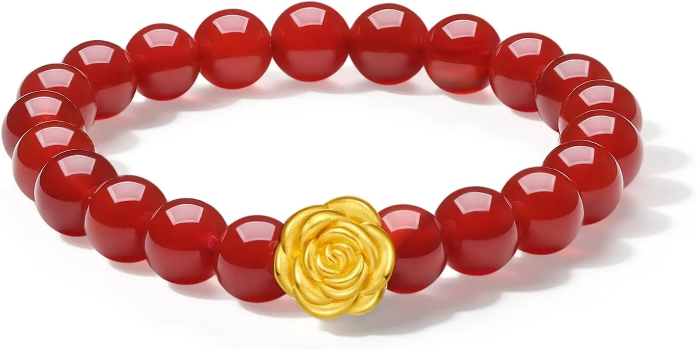 Gold Rose Jewelry Dainty Red Agate Beaded Flower Bracelet for Men A1911934 24K Solid Gold Bracelet for Women, soon sensory craft fantastic sonic Real Pure 