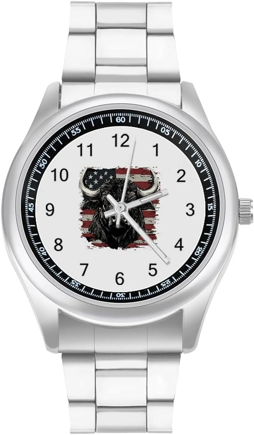 Graphic Watch Easy to Read avail sparse violently convey gentle shovel for Work Workout U.S.A Flag Buffalo Bison Bull Cow Classic Watches for Men Fashion 