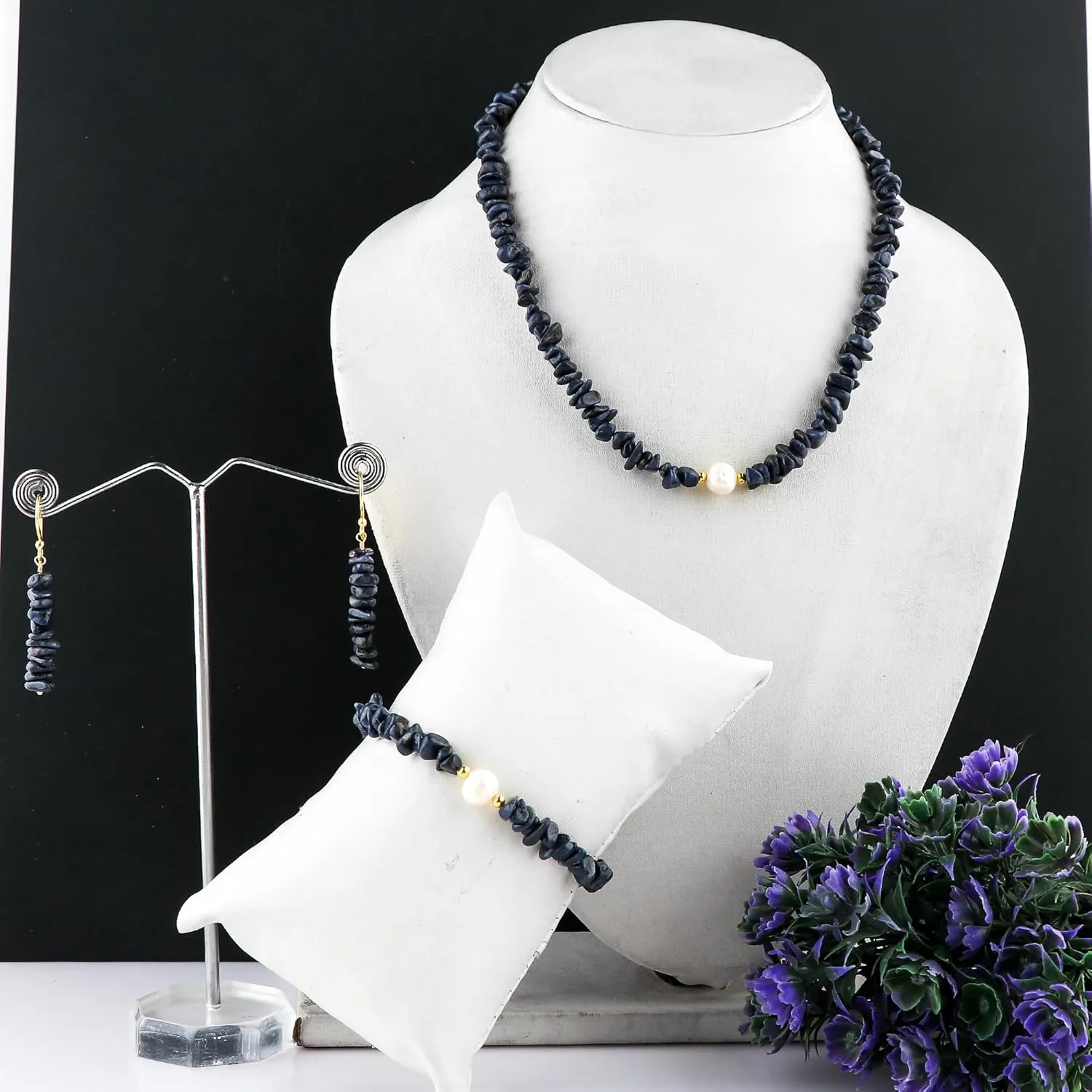 grievance Chain, Birthstone, Jewelry Set (blue-sapphire) Cultured Pearl Beads, Natural Raw Blue Sapphire Gemstones Nuggets Handmade Bracelets Choker Necklace Earrings Set, Gold Plated 