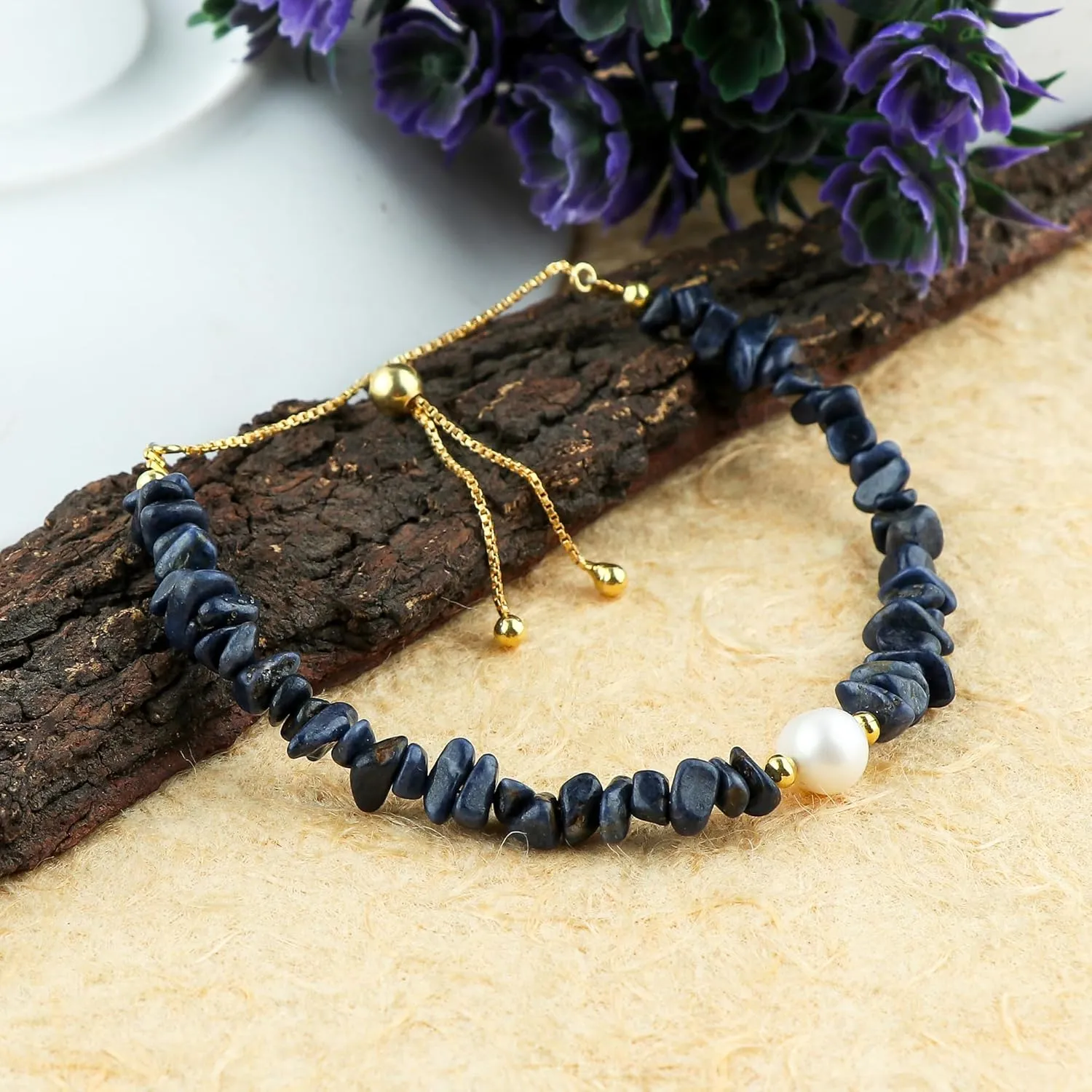 grievance Chain, Birthstone, Jewelry Set (blue-sapphire) Cultured Pearl Beads, Natural Raw Blue Sapphire Gemstones Nuggets Handmade Bracelets Choker Necklace Earrings Set, Gold Plated 