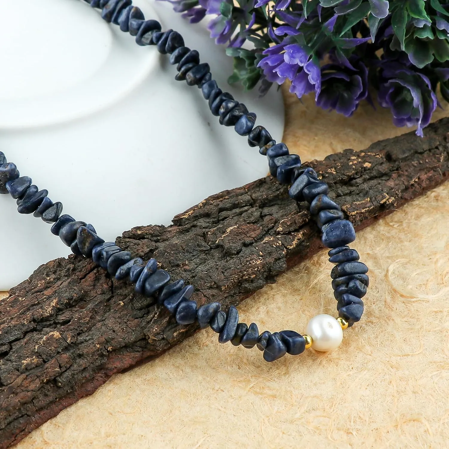 grievance Chain, Birthstone, Jewelry Set (blue-sapphire) Cultured Pearl Beads, Natural Raw Blue Sapphire Gemstones Nuggets Handmade Bracelets Choker Necklace Earrings Set, Gold Plated 