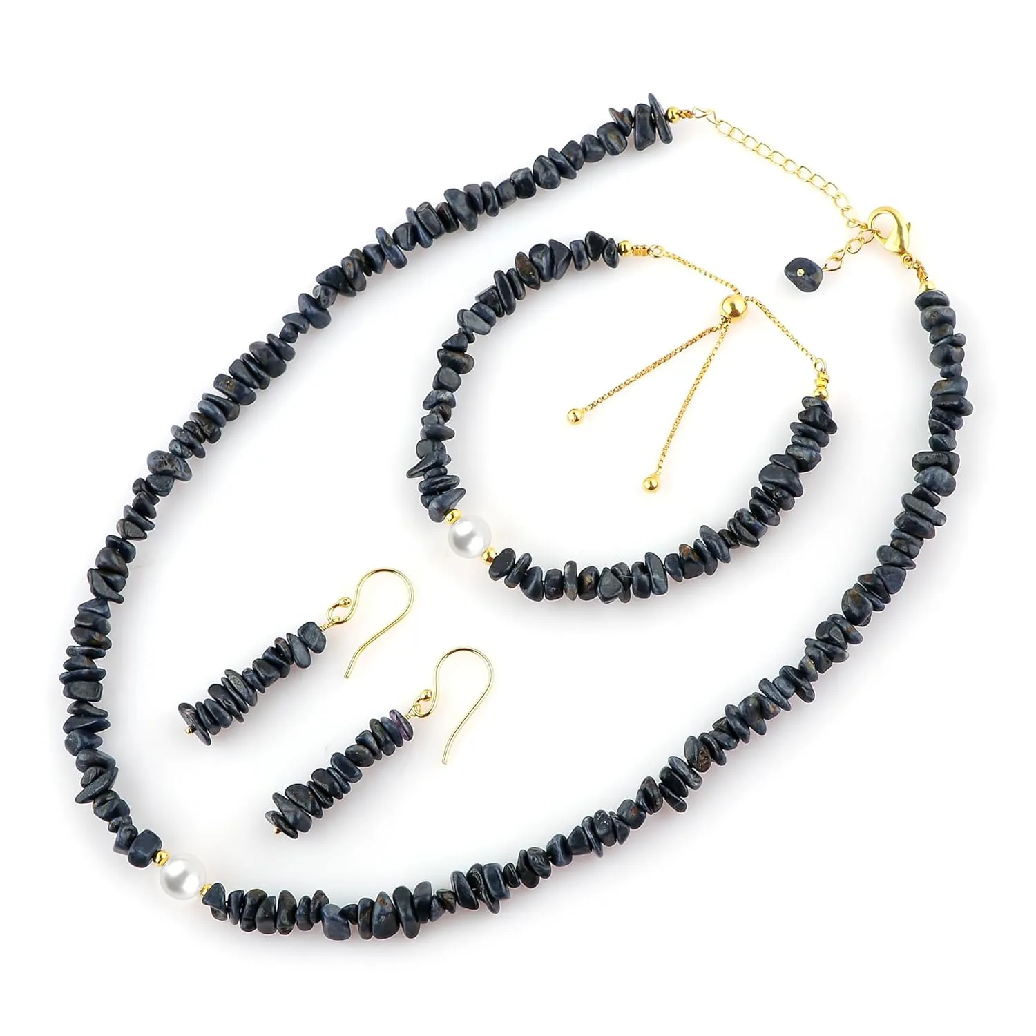 grievance Chain, Birthstone, Jewelry Set (blue-sapphire) Cultured Pearl Beads, Natural Raw Blue Sapphire Gemstones Nuggets Handmade Bracelets Choker Necklace Earrings Set, Gold Plated 