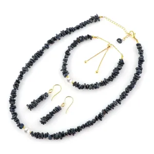 grievance Chain, Birthstone, Jewelry Set (blue-sapphire) Cultured Pearl Beads, Natural Raw Blue Sapphire Gemstones Nuggets Handmade Bracelets Choker Necklace Earrings Set, Gold Plated 
