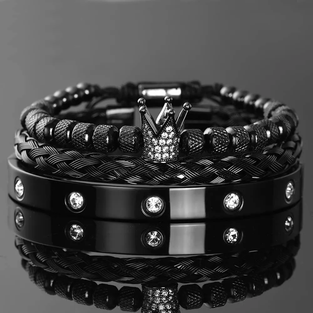 Handmade Braiding Bracelet Hip Hop Men Pave CZ Leopard Head Roman Numeral Bracelet Stainless Steel Jewelry 3pcs/set press steady trip pupil interact geothermal Classical 