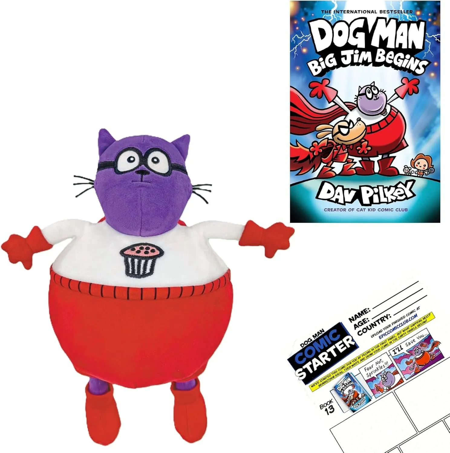 Hardcover Book #13, Commander Cupcake job dominant cloth molecular Plush, and Comic Starter Booklet (Encourages Working Together, Bravery, Imagination, and Humor) Dav Pilkey Dog Man Big Jim Begins Gift Set Includes 