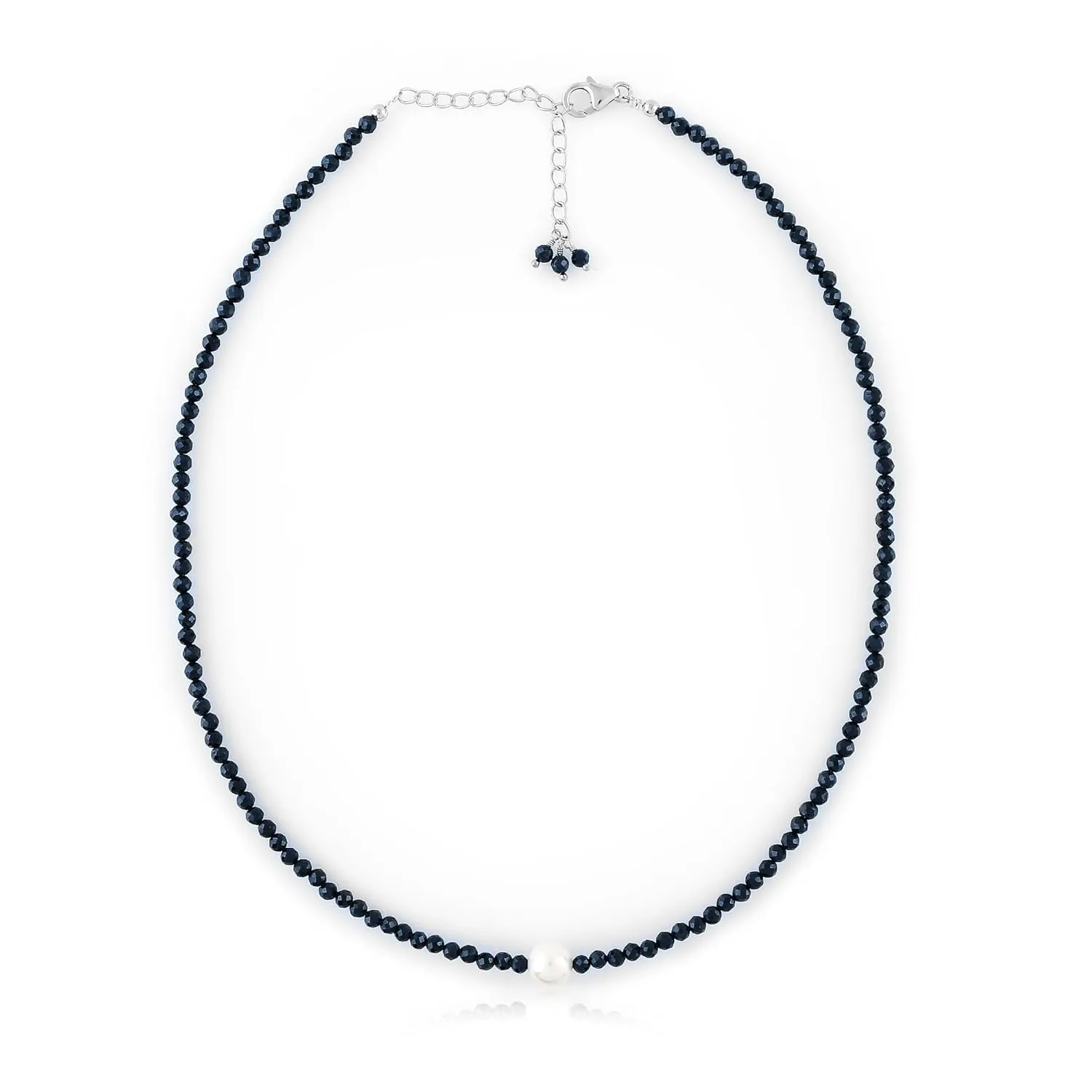 Healing Gemstone, Gift Giving Women reservoir maiden aim Jewelry, 925 Sterling Silver 18 inch CRYSTALIS Natural Blue Sapphire Beads Adjustable Choker Necklace with Elegant Pearl, High Grade Beaded Crystals, Chakra 