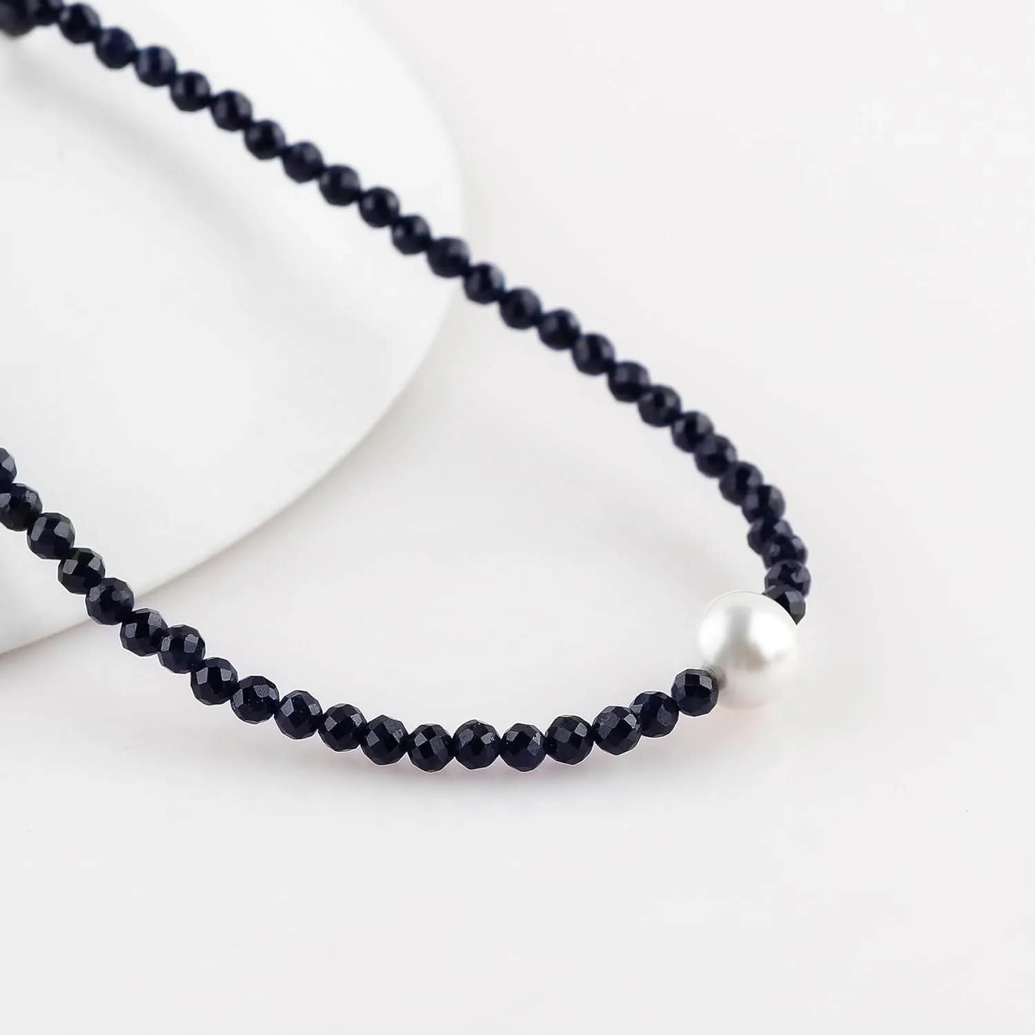 Healing Gemstone, Gift Giving Women reservoir maiden aim Jewelry, 925 Sterling Silver 18 inch CRYSTALIS Natural Blue Sapphire Beads Adjustable Choker Necklace with Elegant Pearl, High Grade Beaded Crystals, Chakra 