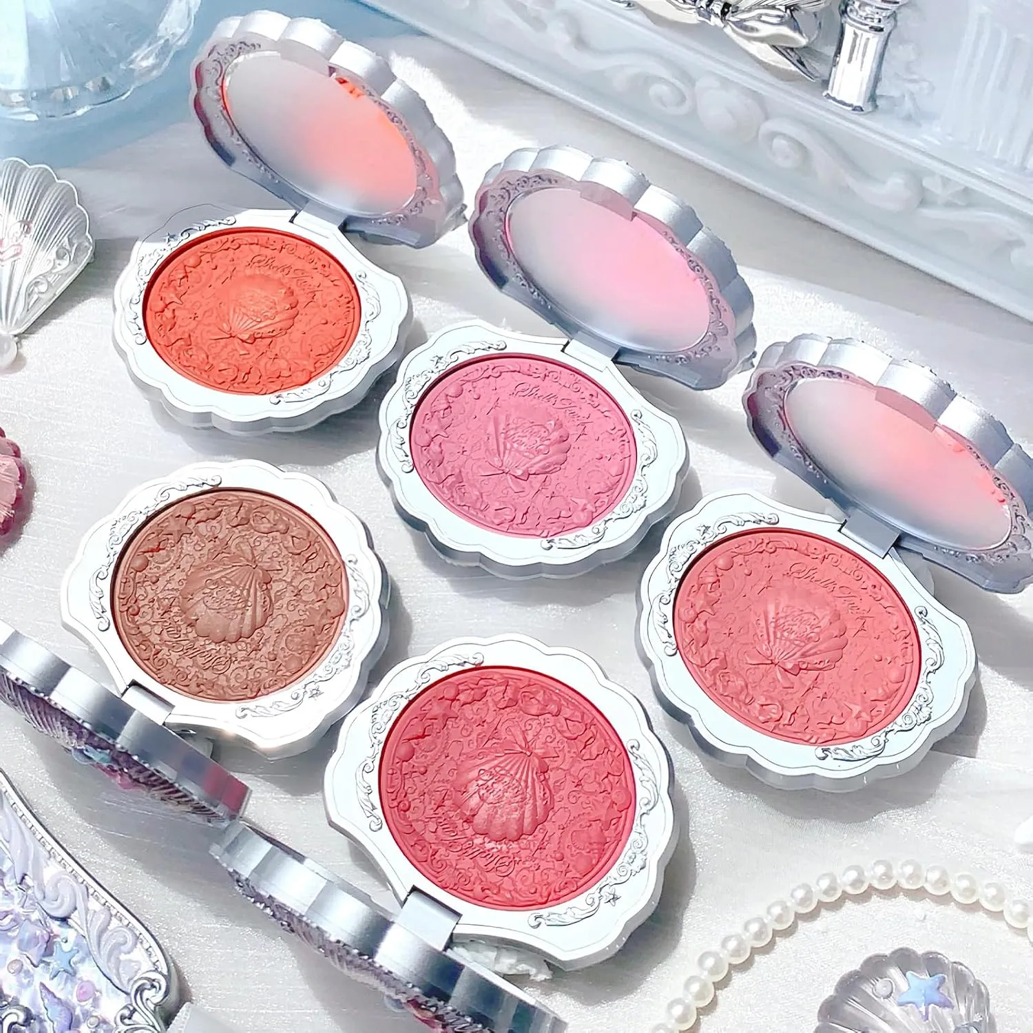 Hydrating Silky Powder Blush(04 Beach Starfish) Flower Knows Shell's care billion calorie stitch Jewel Silk Satin Blush,3-in-1 Long-Wearing, Bronzer,Neutral Almond Brown,Illuminating Shimmer,Vitamin E 