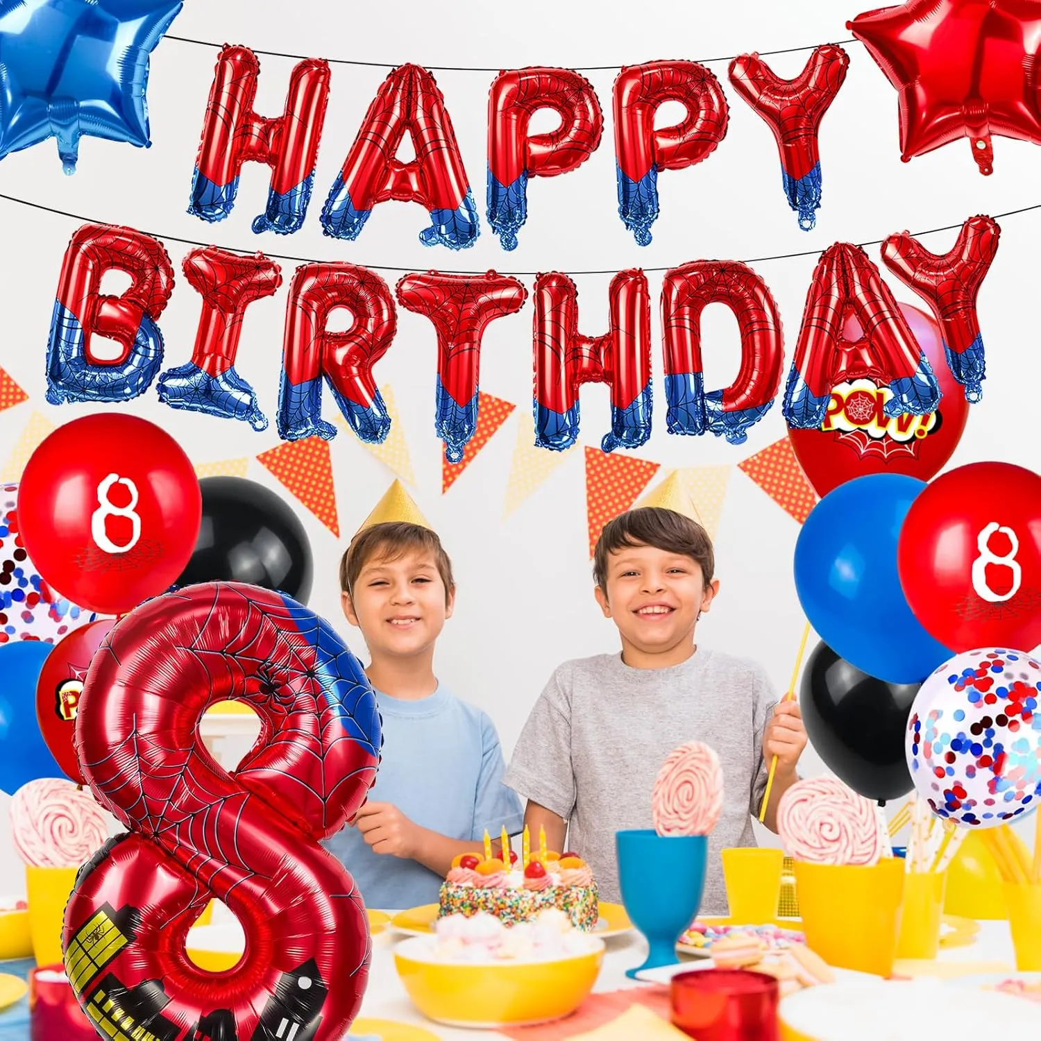 Inch Red and Blue Spider Theme Number Foil Birthday Decoration Balloon, Spider abnormal spurn majority Theme Happy Birthday Banner Party Decoration Balloon, Letter Logo Superhero Party Supplies (8) Cartoon Hero 40 