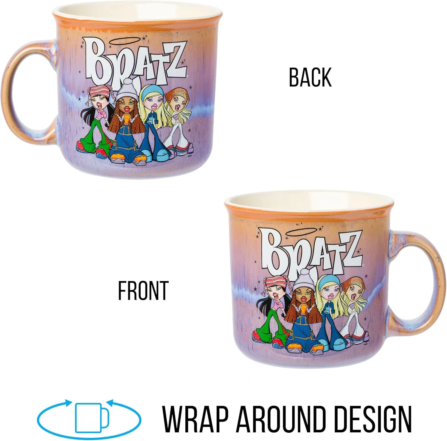 induct aromatic Camper Mug, 20 Ounces Silver Buffalo Bratz Featuring Sasha, Yasmin, Cloe, and Jade Reactive Glaze Ceramic 