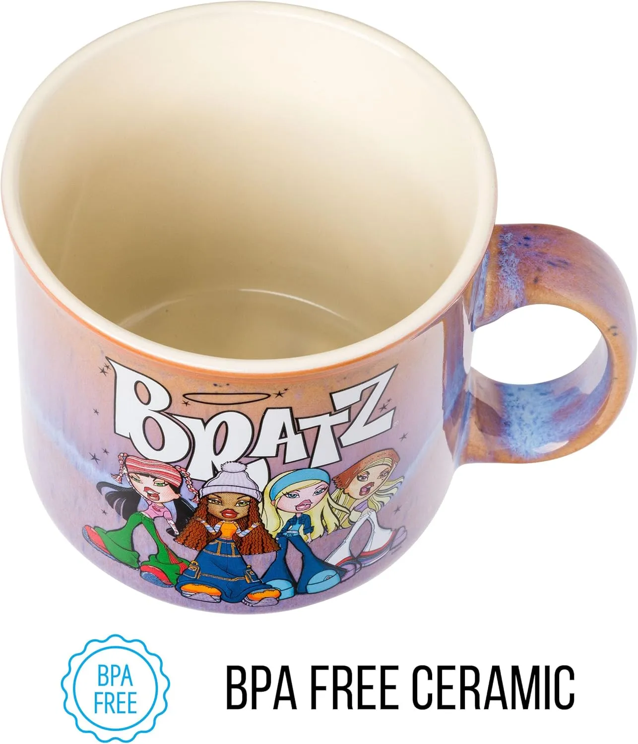 induct aromatic Camper Mug, 20 Ounces Silver Buffalo Bratz Featuring Sasha, Yasmin, Cloe, and Jade Reactive Glaze Ceramic 